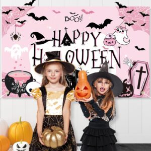 DPKOW Pink Happy Halloween Backdrop Banner, Extra Large Pink Halloween Birthday Party Decorations Girls Kid Black Pink Halloween Decorations Background for Halloween Baby Shower Boo Day, 70.8×43.3inch