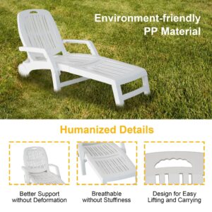 Vilobos 2 Pack Folding Lounge Chaise Chair on Wheels 4 Adjustable Backrest Positions Patio Lounge Chairs for Outside with Storage Basket, 440lbs Weight Capacity White Pool Furniture, Waterproof