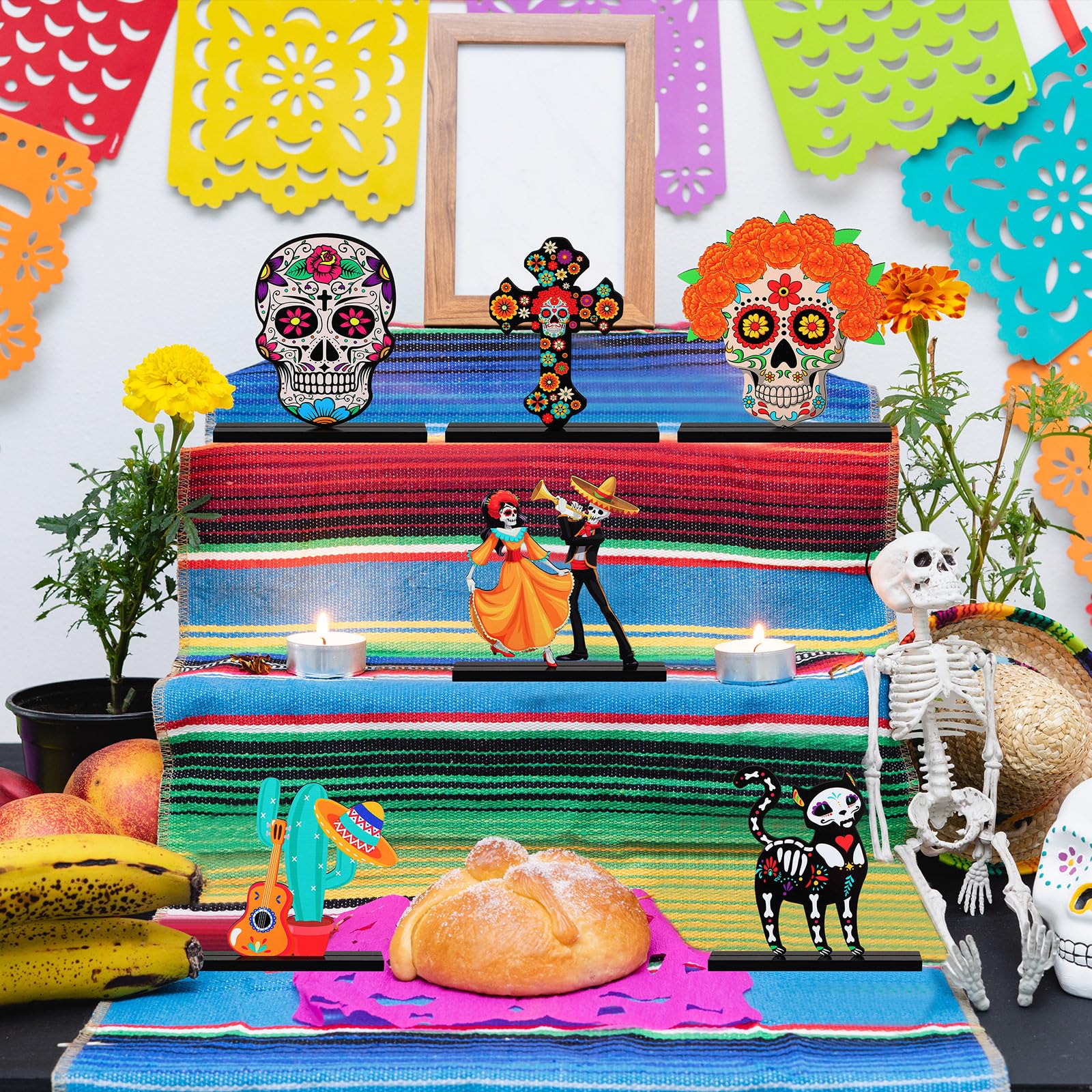 Thyle 6 Pieces Day of The Dead Centerpieces for Parties Wooden Table Centerpieces Dia De Los Muertos Decorations Desk Day of The Dead Decorations Mexican Sugar Skull Signs for Halloween Party