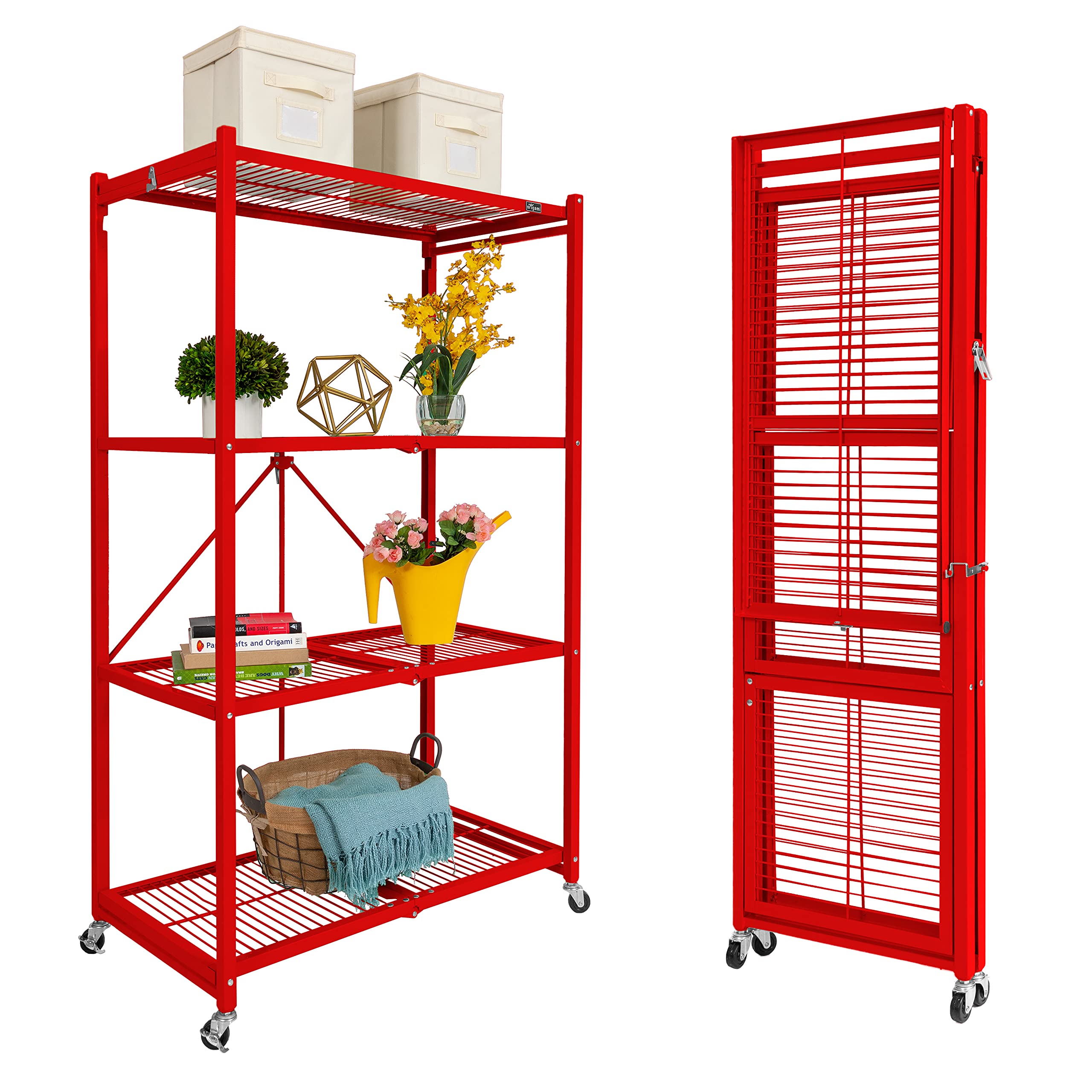 Origami R5 Foldable 4-Tier Garage Shelving Heavy Duty Shelving with Wheels, Metal Storage Rack Holds 1000 pounds, Garage Storage Rack & Organization, Storage Shelving (Red, R5 2-Pack)