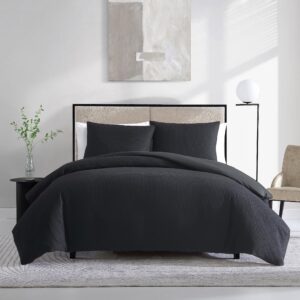 vera wang- king duvet cover set, reversible cotton bedding set with matching shams, designer home décor (waffle pique black, king)