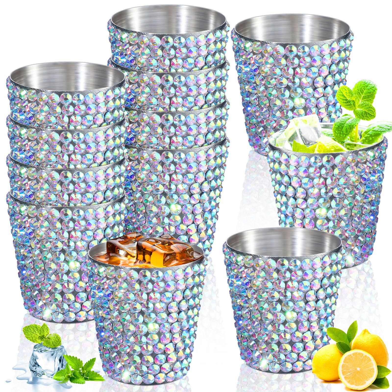 Tioncy 12 Pack 1 oz Rhinestone Stainless Steel Shot Glasses Bling Mini Cup Small Glitter Cups Metal Drinking Cups Adult Pint Cup Barware Drinking Vessel for Whiskey Women Birthday Gift (White Style)