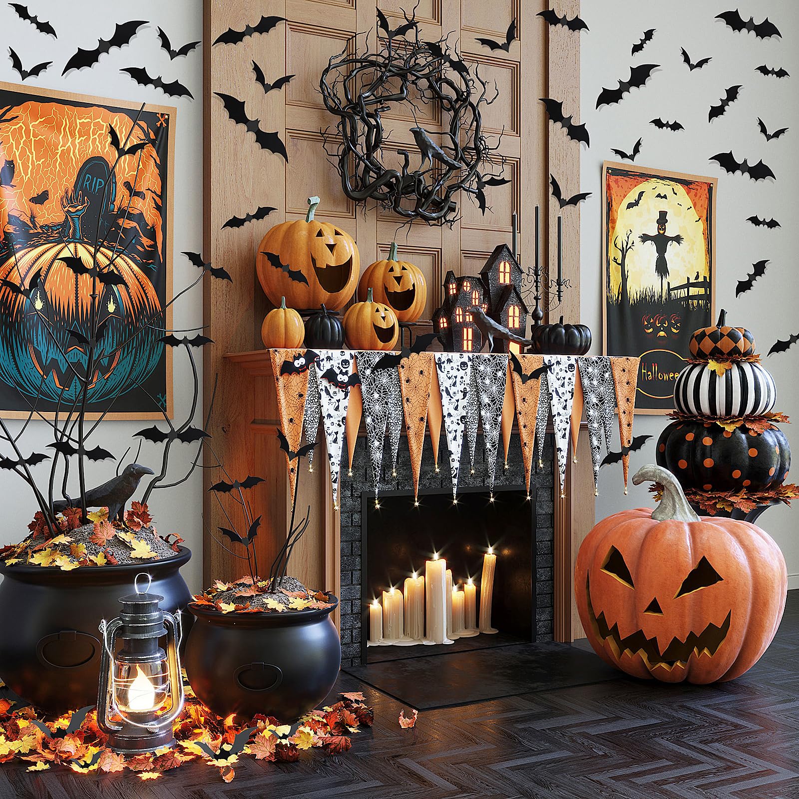 ZYFLSQ 120 Pcs Bats Wall Decor Halloween Decorations, 3D Bat Stickers for Home Decor 4 Size Scary Black Spooky Bats Party Supplies