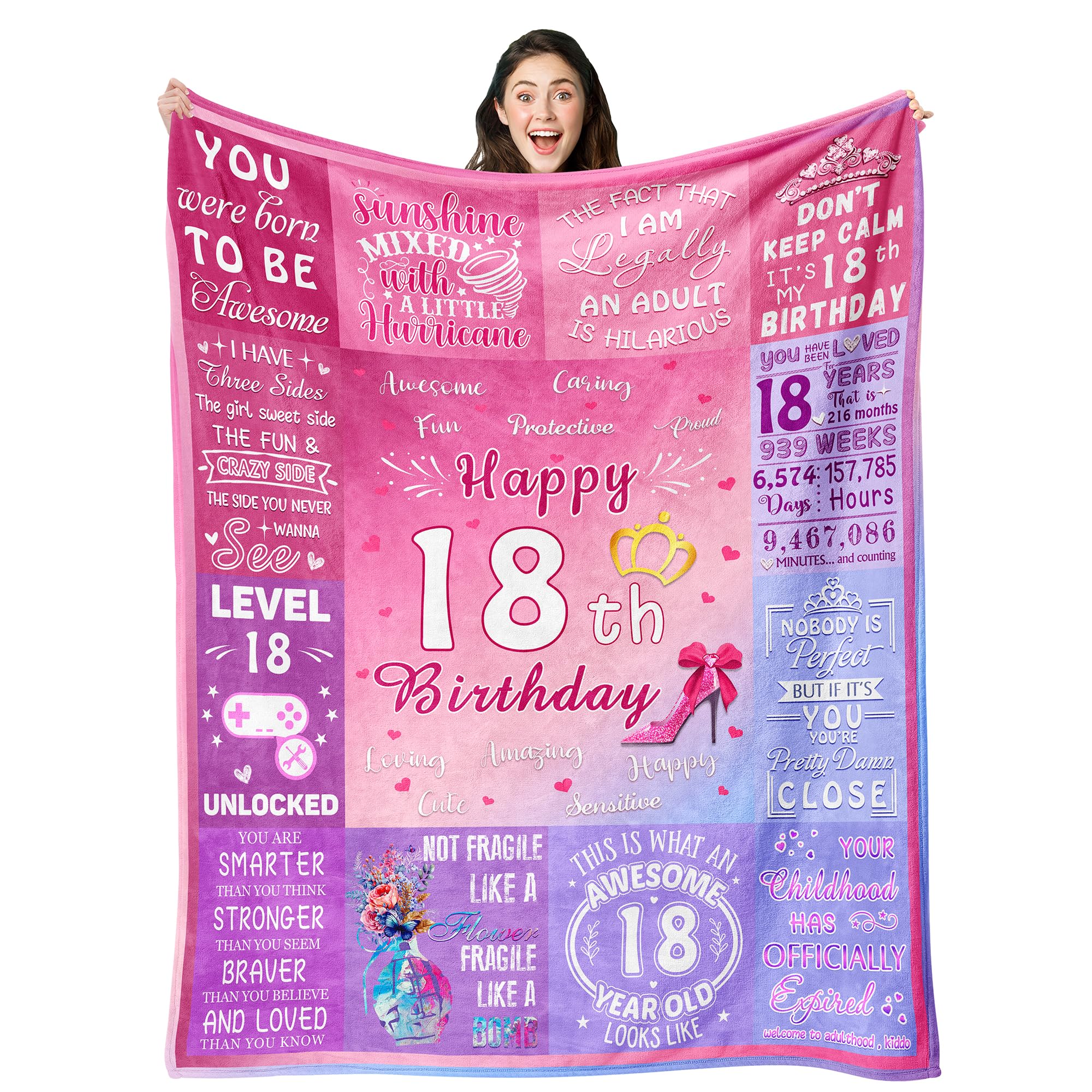 Ownxhbc 18th Birthday Gifts for Girls, 18th Birthday Gift Idea for Daughter Sister, 18 Year Old Blanket for Girls, Birthday Gifts for 18 Years Old Girl, 18th Birthday Pink Throw Blanket Decor 60"x50"