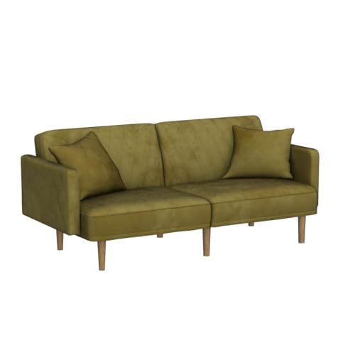 DAMAIFROM Futon Sofa Bed, Upholstered Comfy Velvet Futon Couch, Sleeper Sofa, Loveseat, Mid Century Modern Small Sofa, 75" Couches for Living Room, Office, Small Spaces, Olive Green