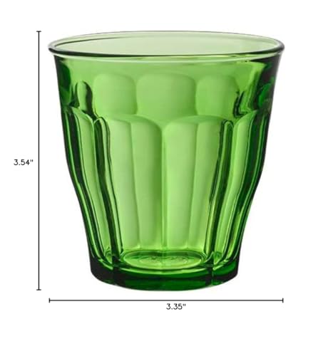 Duralex Made In France Picardie Glass Tumbler Drinking Glasses Set of 4. Size 8-3/8 oz, Mixed Colors: Plum, Green Marine Blue, Grey.