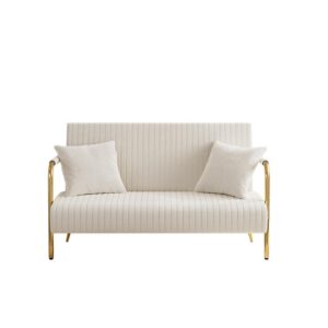 DAMAIFROM Modern Velvet Loveseat Sofa, Upholstered Velvet Couch, Mid Century 2 Seater Couch with Gold Metal Legs, Comfy Love Seat Small Couches for Living Room, Small Spaces (Beige White)