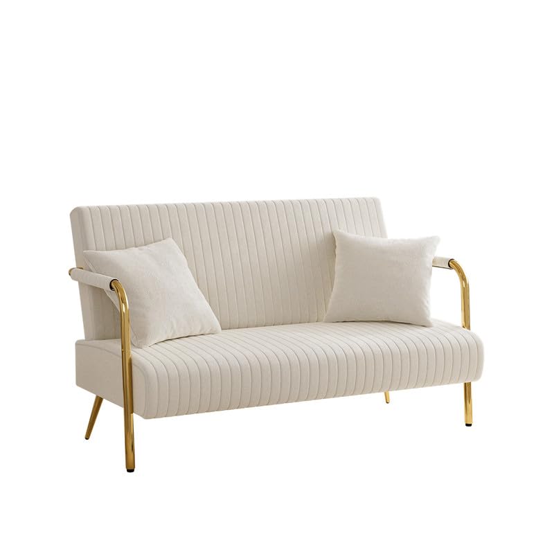 DAMAIFROM Modern Velvet Loveseat Sofa, Upholstered Velvet Couch, Mid Century 2 Seater Couch with Gold Metal Legs, Comfy Love Seat Small Couches for Living Room, Small Spaces (Beige White)