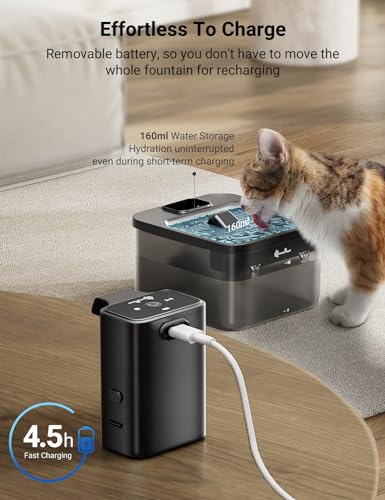 DownyPaws Battery Operated Cat Water Fountain, 84oz/2.5L Fursink Wireless Pet Water Fountain for Cats Inside, Automatic Cat Waterer Fountain with Motion Sensor, Ultra Quiet Pump, BPA-Free, Black