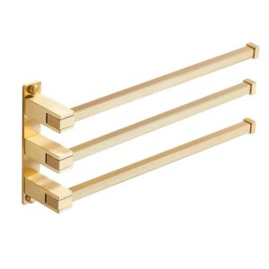 swivel towel rack 3 swing arm bathroom towel bar wall mounted thick brass rustproof hanging holder brushed gold finish shower room, kitchen,three