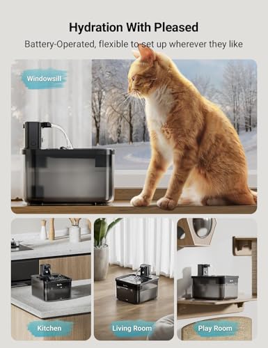 DownyPaws Battery Operated Cat Water Fountain, 84oz/2.5L Fursink Wireless Pet Water Fountain for Cats Inside, Automatic Cat Waterer Fountain with Motion Sensor, Ultra Quiet Pump, BPA-Free, Black