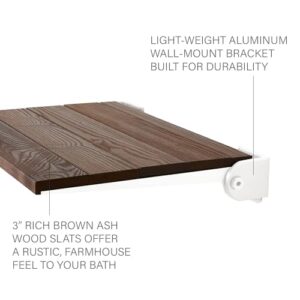 Seachrome 18 inch Silhouette Slimline Folding Wall Mount Shower Bench Seat, Natural Ash Wood Thermacor Seat with White Frame