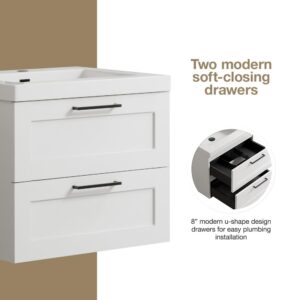 Flairwood Decor Bathroom Vanity Cosmo 30 Inches Cosmo White - Includes Wall Mounted Cabinet with 2 Large Drawers and White Countertop with Integrated Sink - Assembled Vanity