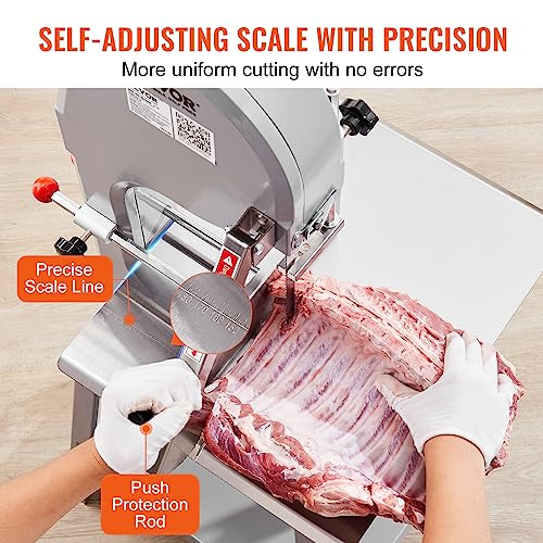 Commercial Electric Meat Bandsaw, 1500W Stainless Steel Vertical Bone Sawing Machine, Workbeach 19.3" x 15", 0.16-7.9 Inch Cutting Thickness, Frozen Meat Cutter with 6 Blades for Rib Pork Beef