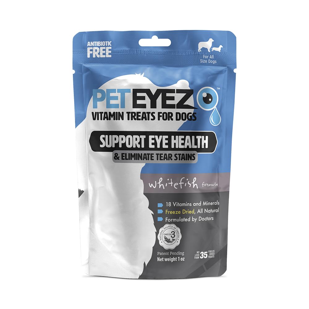 PetEyez Vitamin Tear Stain Remover Vitamin Treats for Dogs - Support Eye Health & Reduce Itching & Tear Stain Buildup - 100% Natural Dog Treats w/Superfoods & Antioxidants - Whitefish Flavor - 1oz