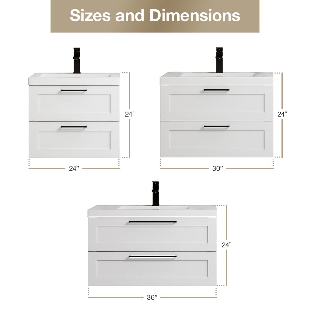 Flairwood Decor Bathroom Vanity Cosmo 30 Inches Cosmo White - Includes Wall Mounted Cabinet with 2 Large Drawers and White Countertop with Integrated Sink - Assembled Vanity