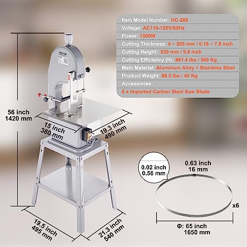 Commercial Electric Meat Bandsaw, 1500W Stainless Steel Vertical Bone Sawing Machine, Workbeach 19.3" x 15", 0.16-7.9 Inch Cutting Thickness, Frozen Meat Cutter with 6 Blades for Rib Pork Beef