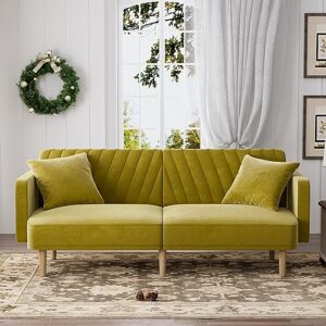 DAMAIFROM Futon Sofa Bed, Upholstered Comfy Velvet Futon Couch, Sleeper Sofa, Loveseat, Mid Century Modern Small Sofa, 75" Couches for Living Room, Office, Small Spaces, Olive Green