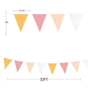 32Ft Groovy Party Decorations Yellow Pink White Pennant Banner Fabric Triangle Flag Bunting Garland Streamers for Daisy Groovy Boho Retro Hippie Wedding Birthday Baby Shower Spring Party Supplies