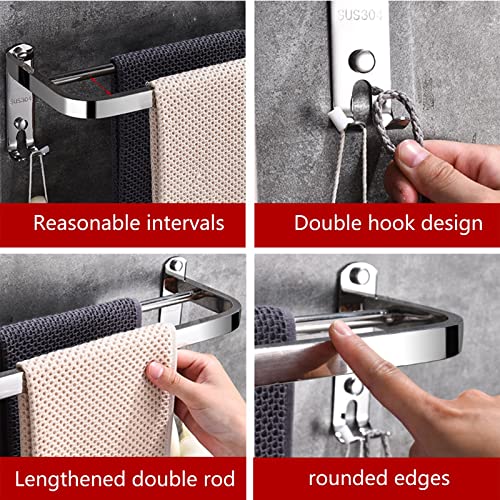 Towel Rail Bar, 304 Stainless Steel Double Towel Holder, 40cm/16Inches Wall Mounted Polished Bath Towel Rack for Bathroom and Kitchen, Silver (Size : 60cm)