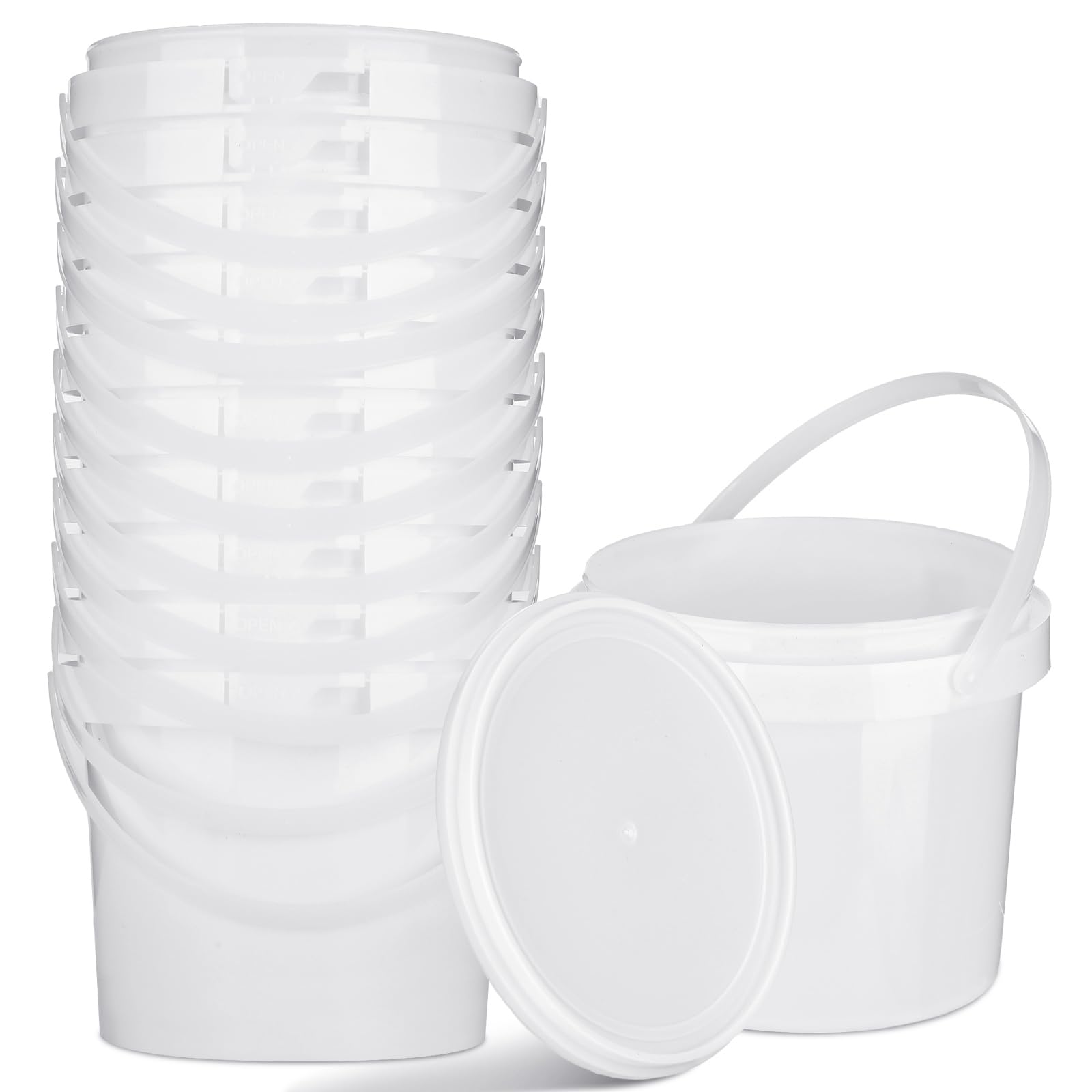 Gerrii 10 Pack White Plastic Bucket with Handle and Lid Food Storage Bucket Containers All Purpose Pail for Multipurpose Paint Water Art Crafts Projects Garage Organization (White,1.5 Quart)