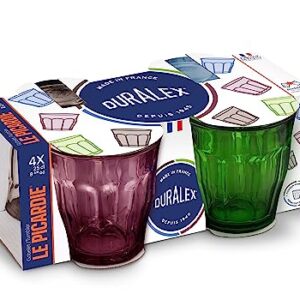 Duralex Made In France Picardie Glass Tumbler Drinking Glasses Set of 4. Size 8-3/8 oz, Mixed Colors: Plum, Green Marine Blue, Grey.