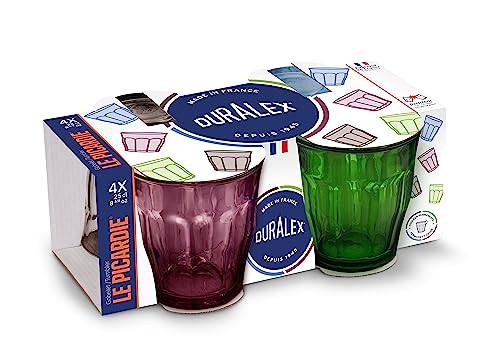 Duralex Made In France Picardie Glass Tumbler Drinking Glasses Set of 4. Size 8-3/8 oz, Mixed Colors: Plum, Green Marine Blue, Grey.