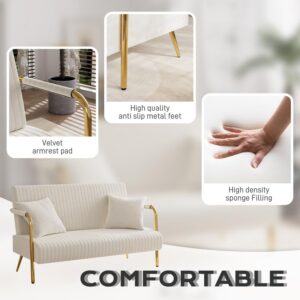 DAMAIFROM Modern Velvet Loveseat Sofa, Upholstered Velvet Couch, Mid Century 2 Seater Couch with Gold Metal Legs, Comfy Love Seat Small Couches for Living Room, Small Spaces (Beige White)