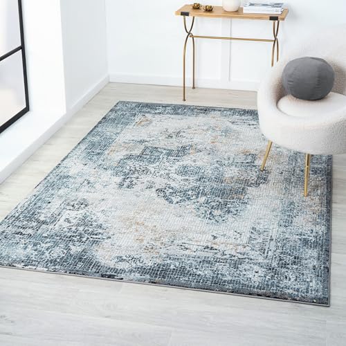 LUXE WEAVERS Blue 8x10 Mosaic Tile Area Rug with Distressed Effect