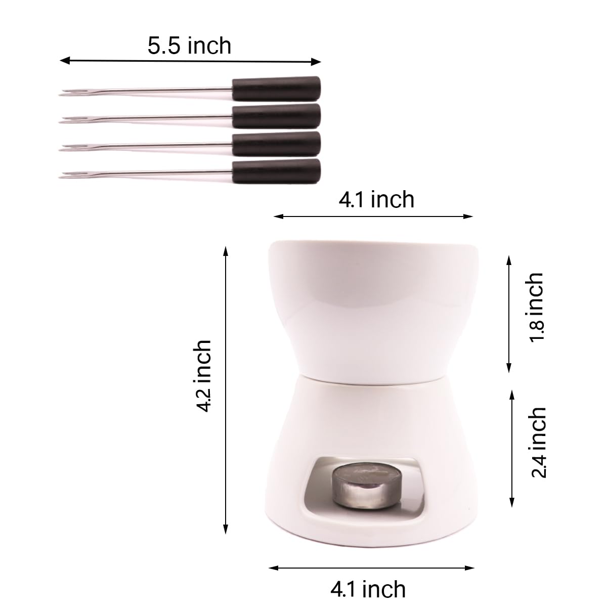 CORJEEJOR Fondue Pot Set with 4 Forks Ceramic Butter Warmer Set Premium Tea Light Porcelain Melting Pot for Chocolate Cheese Caramel