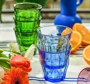 Duralex Made In France Picardie Glass Tumbler Drinking Glasses Set of 4. Size 8-3/8 oz, Mixed Colors: Plum, Green Marine Blue, Grey.