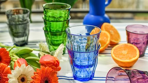 Duralex Made In France Picardie Glass Tumbler Drinking Glasses Set of 4. Size 8-3/8 oz, Mixed Colors: Plum, Green Marine Blue, Grey.