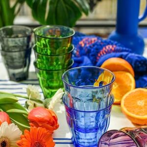 Duralex Made In France Picardie Glass Tumbler Drinking Glasses Set of 4. Size 8-3/8 oz, Mixed Colors: Plum, Green Marine Blue, Grey.