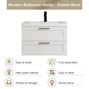 Flairwood Decor Bathroom Vanity Cosmo 30 Inches Cosmo White - Includes Wall Mounted Cabinet with 2 Large Drawers and White Countertop with Integrated Sink - Assembled Vanity