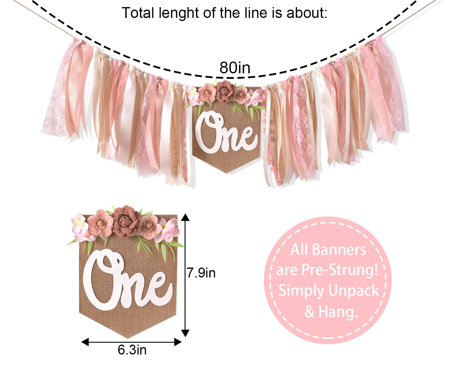 Pink 1st/ First Birthday High Chair Banner For Girls - Floral Tea Party Decoration, Happy Birthday Backdrop For Baby Shower, Floral Birthday Banner, Sweet One Banner, Princess Birthday Decoration,