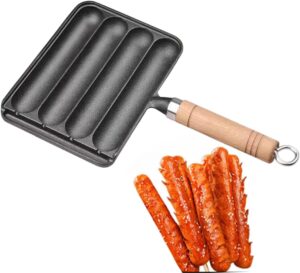 sfocgoi sausage grill pan, cast iron sausage pan, non stick baking tray with anti scald wooden handle, sausage pan hot dog grill pan-a