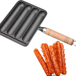 Sfocgoi Sausage Grill Pan, Cast Iron Sausage Pan, Non Stick Baking Tray With Anti Scald Wooden Handle, Sausage Pan Hot Dog Grill Pan-A