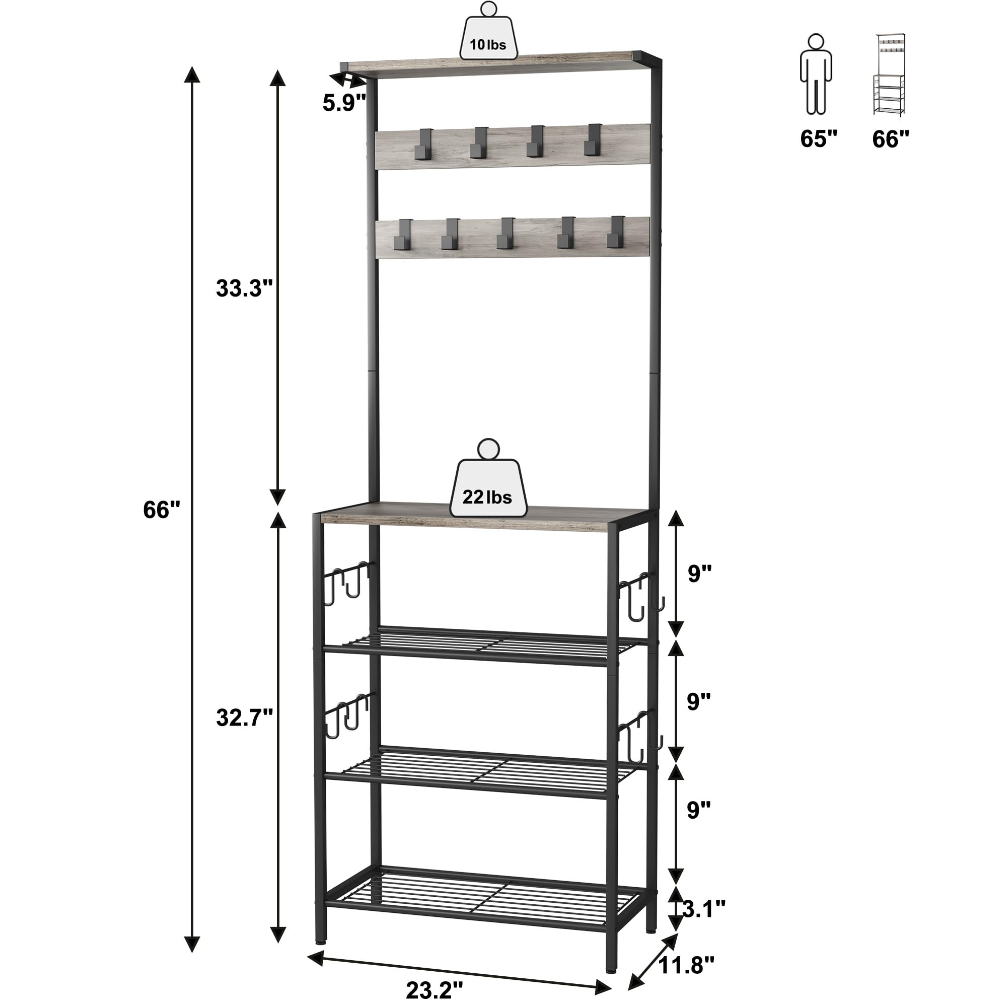 HOMEFORT Coat Rack with Shoe Storage, 5-Tier Shoe and Coat Rack with 9 Clothes Hooks, Freestanding Hall Tree Organizer for Entryway, Bedroom,Grey