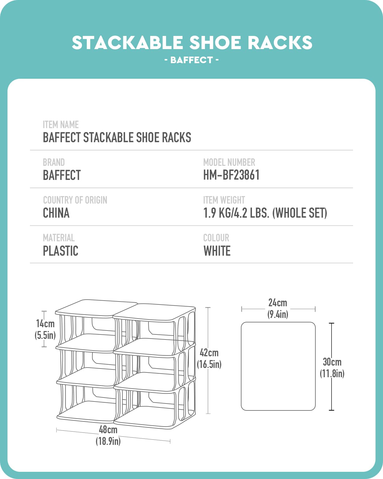 Baffect 8 Tier Shoe Rack, Free Standing Shoe Storage Organizer for Closet, Plastic Stackable Shoe Storage Tower, Vertical Shoe Holder for Entryway Space Saving Narrow Shoe Cabinet (White)