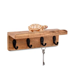 nirman acacia wood rustic key holder for wall, farmhouse wall shelf with 4 hooks for entryway farmhouse kitchen (10" x 3.5" x 3.5")