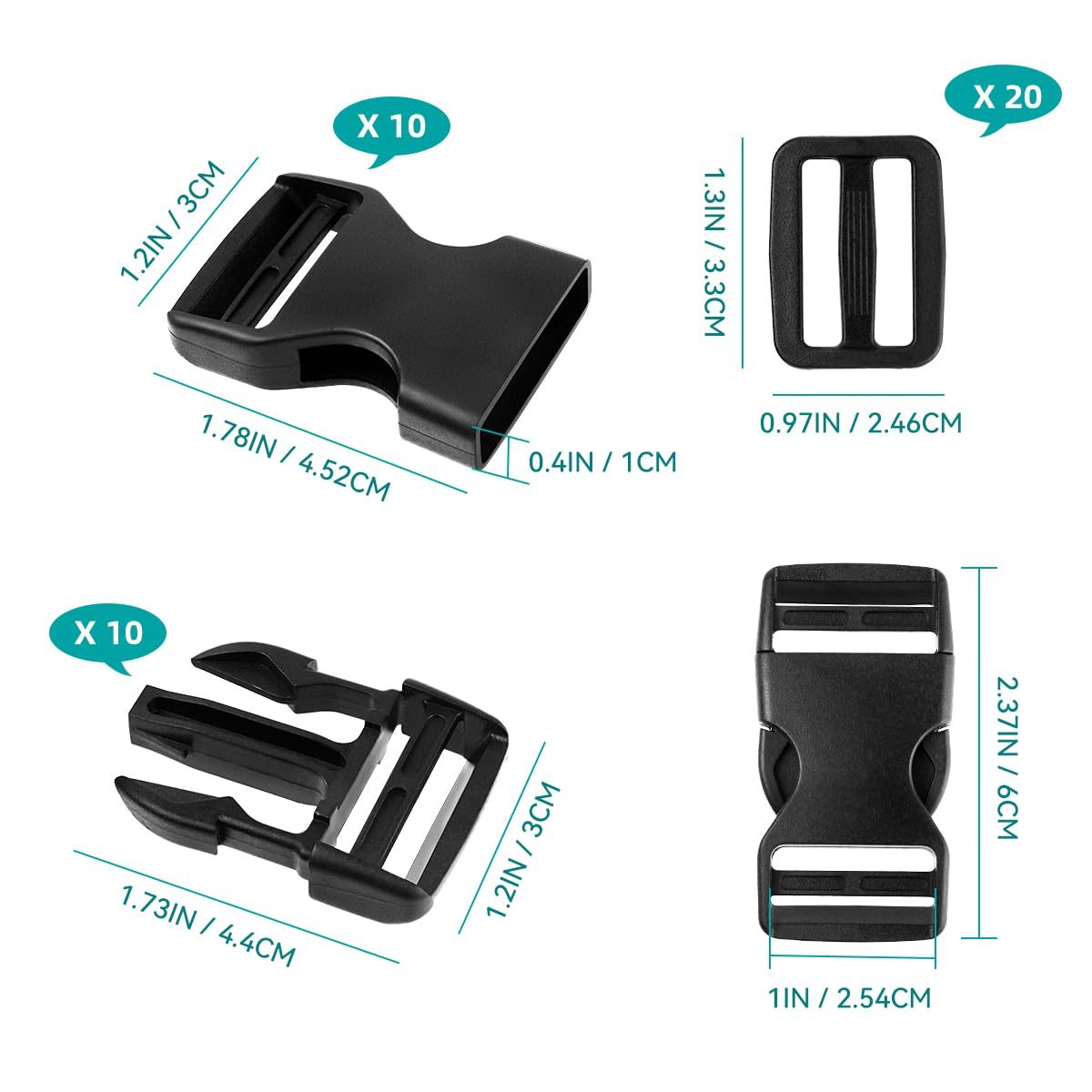 10 Set 1 inch Buckles for Straps with 20 pcs Tri-glide Slide Clip, Quick Side Release Plastic Buckle Clip, Fit 1 inch Wide Nylon Webbing Canvas Strap (Black)