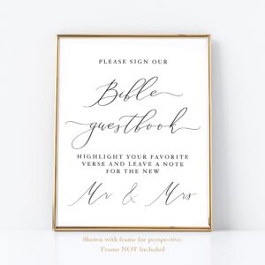 bible guestbook sign for wedding | (1) 8x10 white with black caligraphy on thick cardstock paper | please sign our bible highlight your favorite verse and leave a message for bride and groom sign for