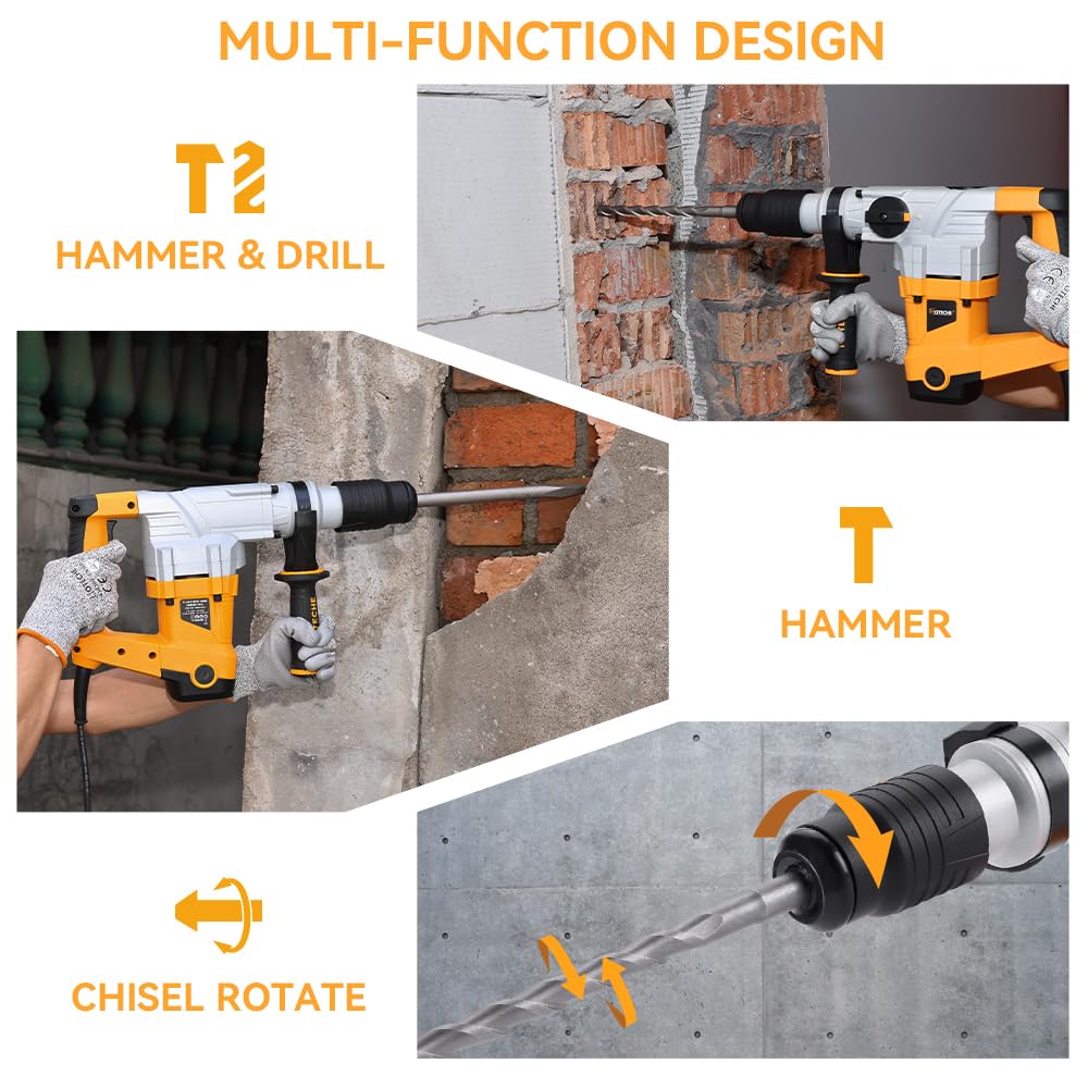 Hoteche 1-9/16-Inch SDS Max Rotary Hammer Drill - 12.5A 3 Funtions Heavy Duty Demolition Hammer for Concrete Drilling with Drill Bit, Chisel and Carrying Case