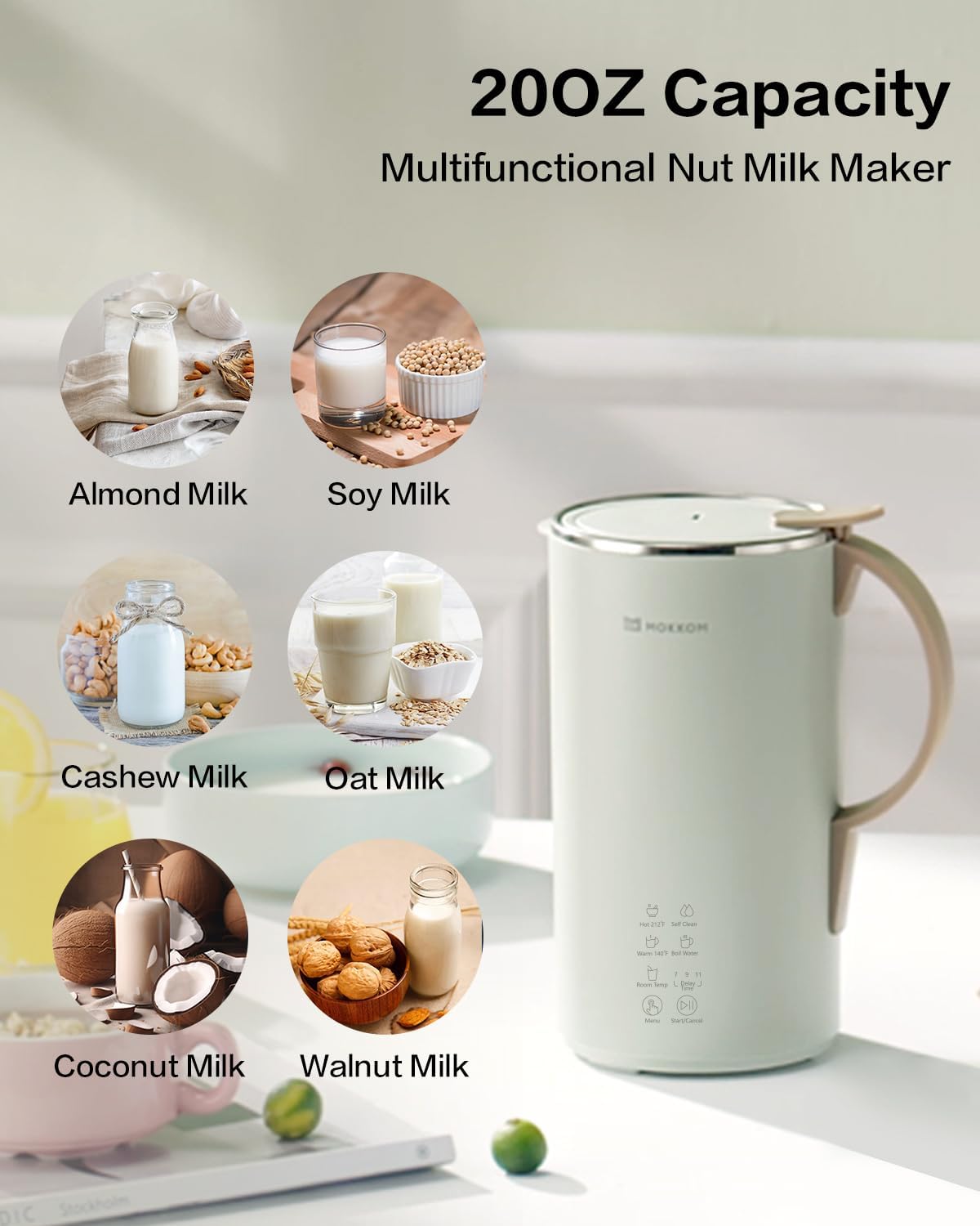 MOKKOM Automatic Nut Milk Maker, 20 oz Soy Milk Maker, Homemade Almond, Oat, Coconut, Soy, Plant-Based Milk and Dairy Free Beverages, Almond Milk Maker with Delay Start/Boild Water/Self Clean - Green