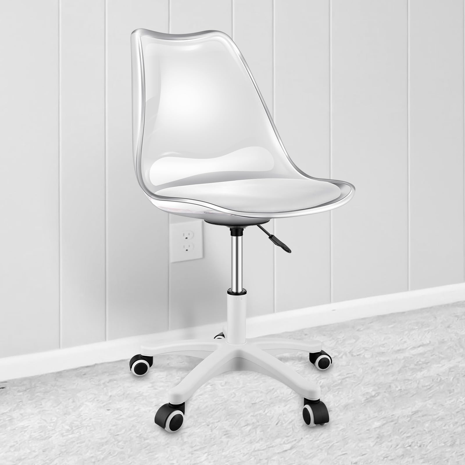 1 Pack Clear Rolling Desk Chair Acrylic Desk Chair Height Adjustable Home Vanity Chair Swivel Plastic Clear Chair with Wheels Acrylic Office Chair for Small Space Home Office(Clear, White)