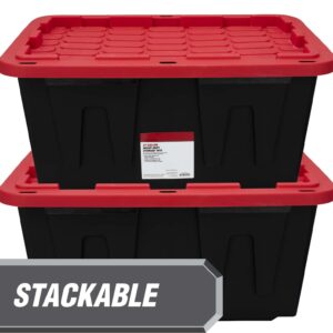 MioeDi 27 Gallon Stackable Snap Lid Plastic Storage Bin Container, Black with Red Lid, Set of 4, Black/Red