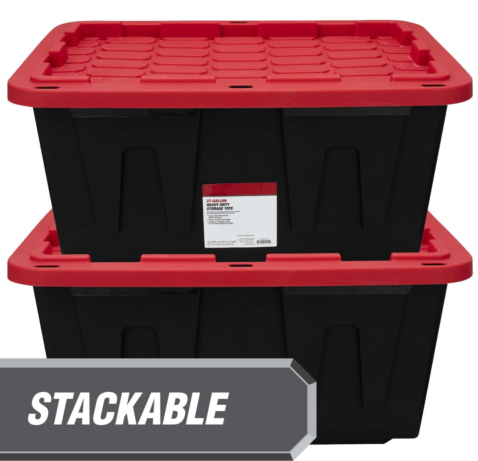 MioeDi 27 Gallon Stackable Snap Lid Plastic Storage Bin Container, Black with Red Lid, Set of 4, Black/Red