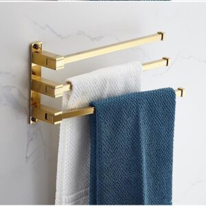 Swivel Towel Rack 3 Swing Arm Bathroom Towel Bar Wall Mounted Thick Brass Rustproof Hanging Holder Brushed Gold Finish Shower Room, Kitchen,Three