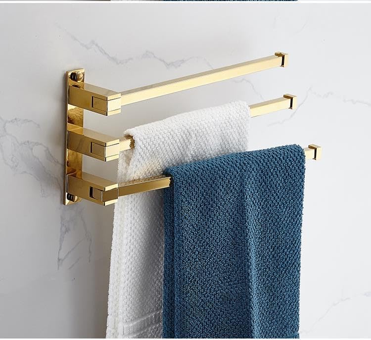 Swivel Towel Rack 3 Swing Arm Bathroom Towel Bar Wall Mounted Thick Brass Rustproof Hanging Holder Brushed Gold Finish Shower Room, Kitchen,Three