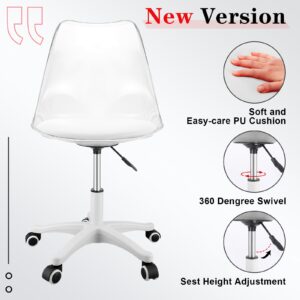 1 Pack Clear Rolling Desk Chair Acrylic Desk Chair Height Adjustable Home Vanity Chair Swivel Plastic Clear Chair with Wheels Acrylic Office Chair for Small Space Home Office(Clear, White)